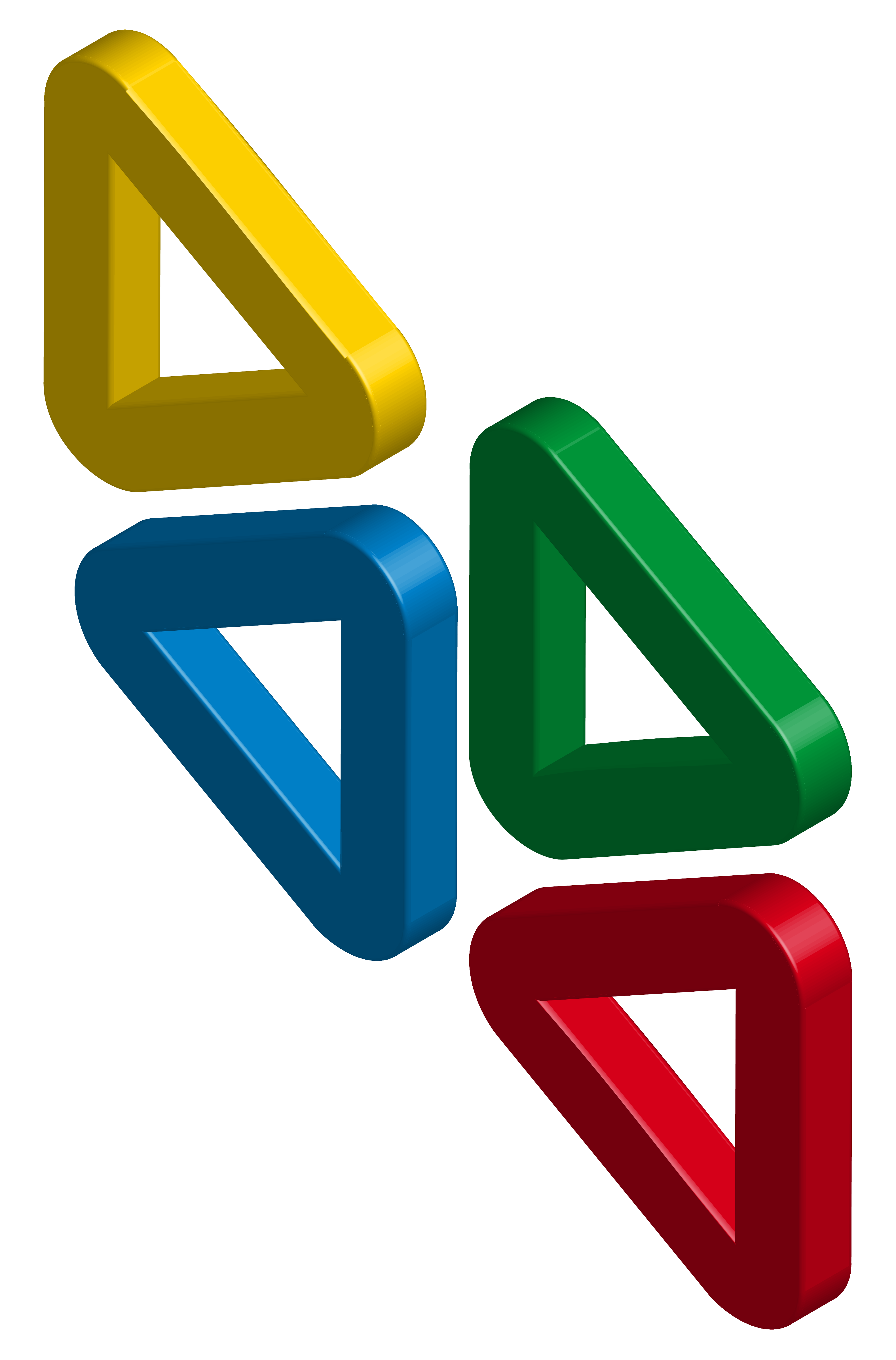 4 símbolos en forma de triángulos en 3D en los 4 colores corpotativos del Grupo Social ONCE que representan Tiflotecnología