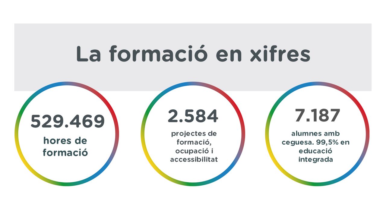 La formació en xifres 529.469 hores de formació 2.584 projectes de formació, ocupació i accessibilitat 7.187 alumnes ambo ceguesa. 99,5% en educació integrada