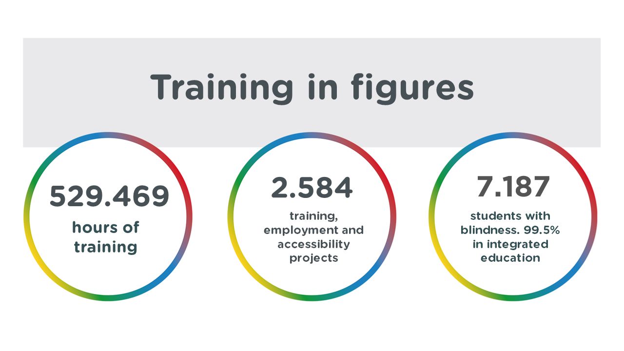 Training in figures 529.469 hours of training 2.584 training, employment and accessibility projects 7.187 students with blindness. 99.5% in integrated education