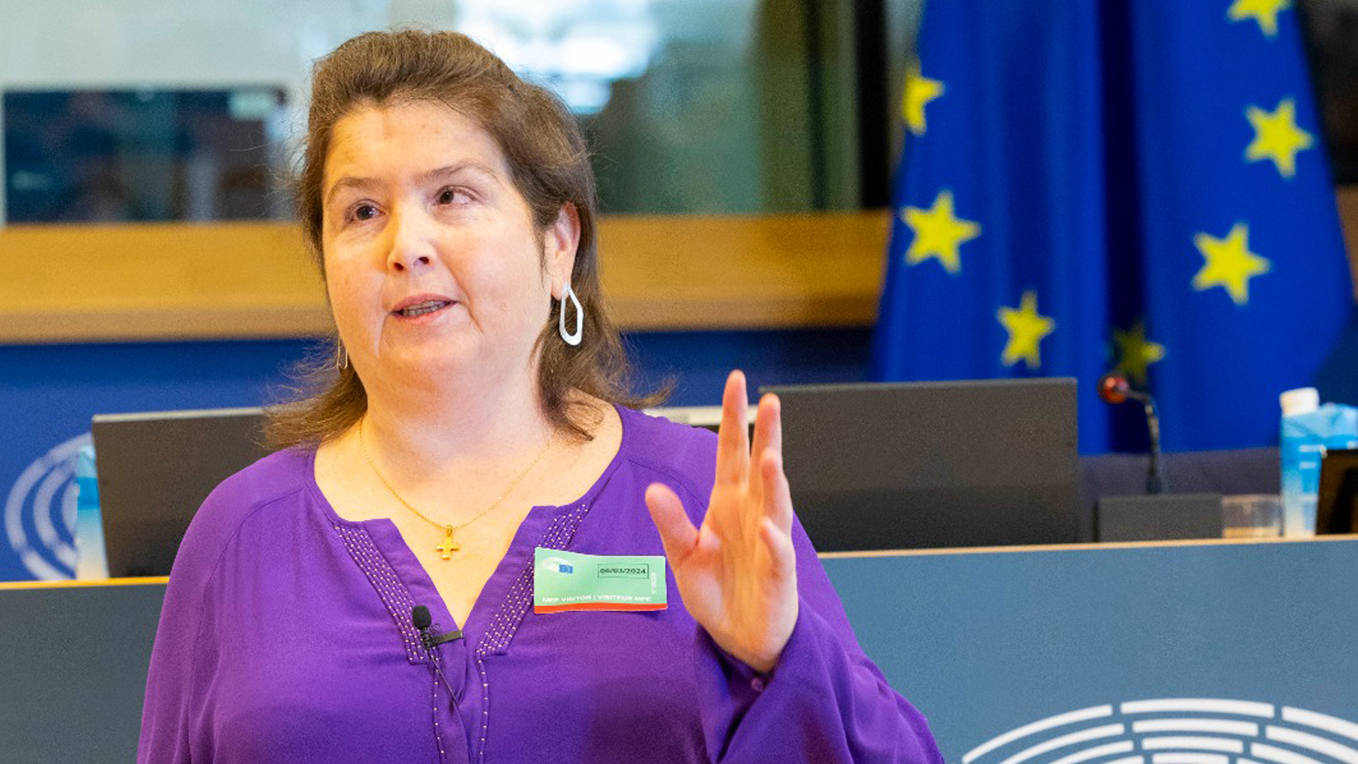 Bárbara Palau explicando la simulación del voto con el código QR en el Parlamento Europeo