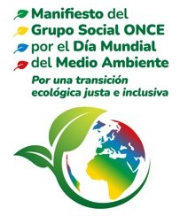 Portada del Manifiesto del Grupo Social ONCE por el Día Mundial del Medio Ambiente con varias hojas de colores alrededor de un planeta Tierra