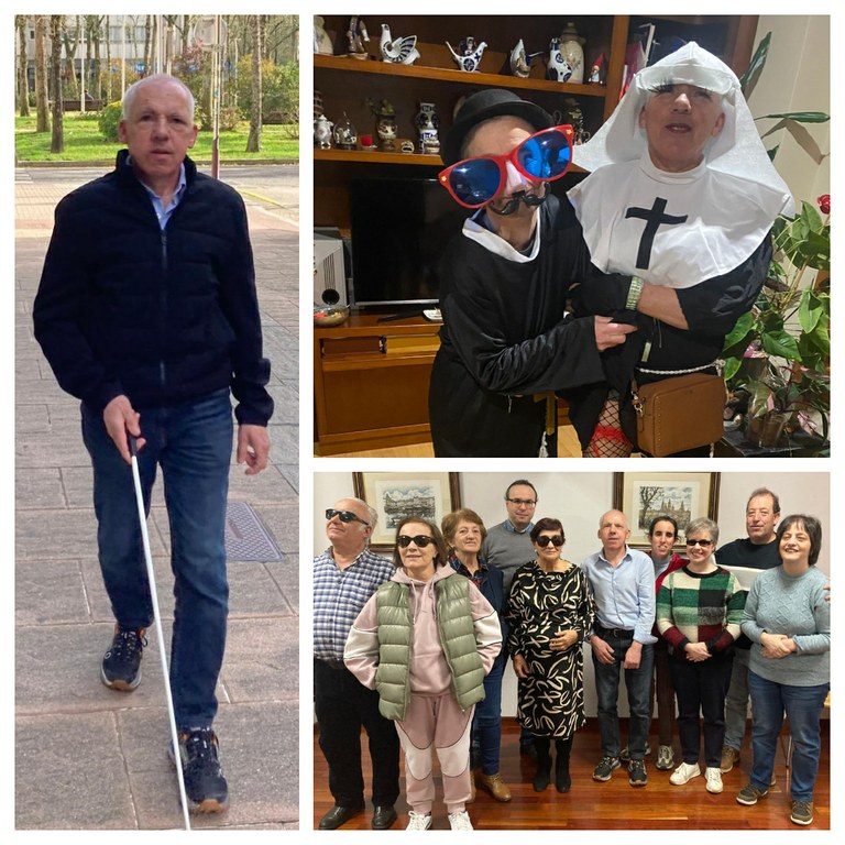 Collage con José Manuel Novegil con su bastón, vestido de monja y con el Club Braille de la ONCE en Pontevedra