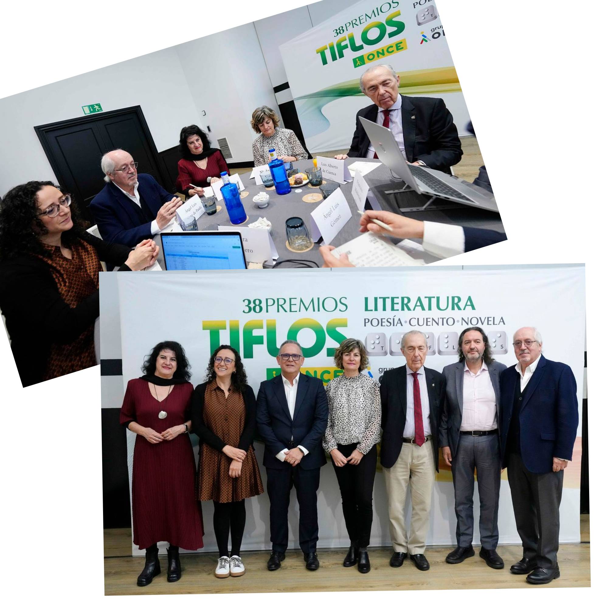 Mesa de trabajo y foto de familia del Jurado Tiflos de Poesía