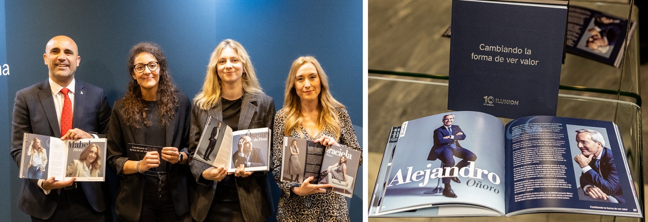 Profesionales de Ilunion que han participado en el libro, y detalle de páginas interiores