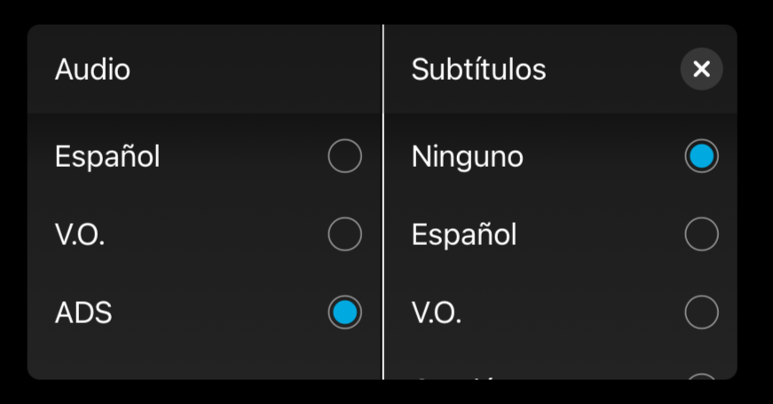 Selector de audio y subtítulos, en audio está seleccionado ADS (audiodescripción)