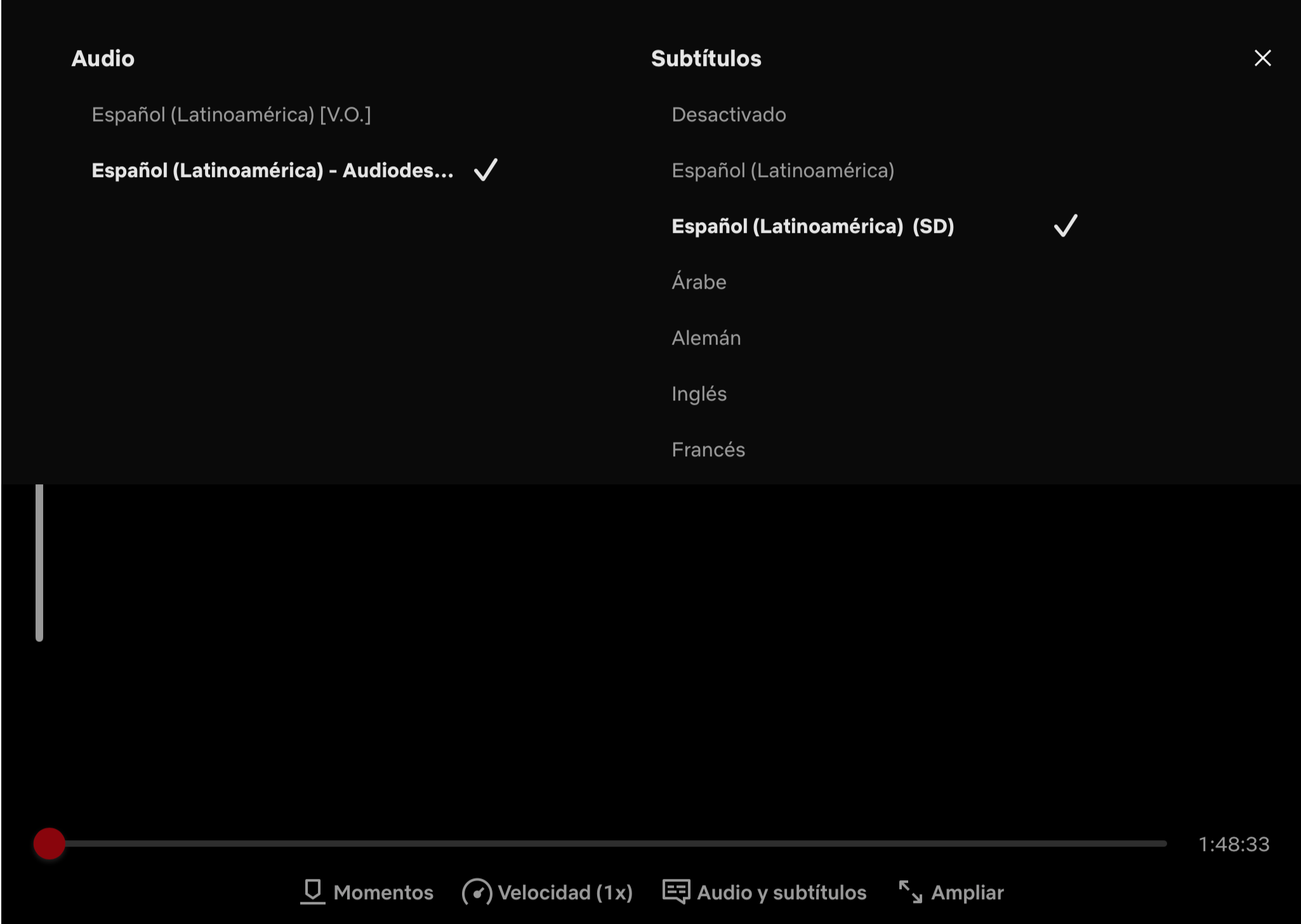 Selector de audio e idioma de subtítulos, en audio está seleccionado Audiodescripción