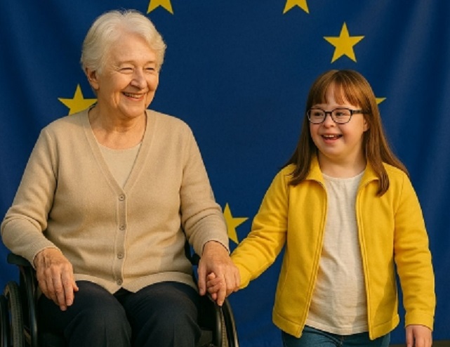 Mujer en silla de ruedas da la mano a una niña con síndrome de Dwon con la bandera europea de fondo Mujer en silla de ruedas da la mano a una niña con síndrome de Dwon con la bandera europea de fondo