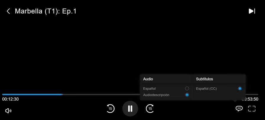 Captura de pantalla del reproductor de Movistar+ activando audiodescripción en opciones de auido.