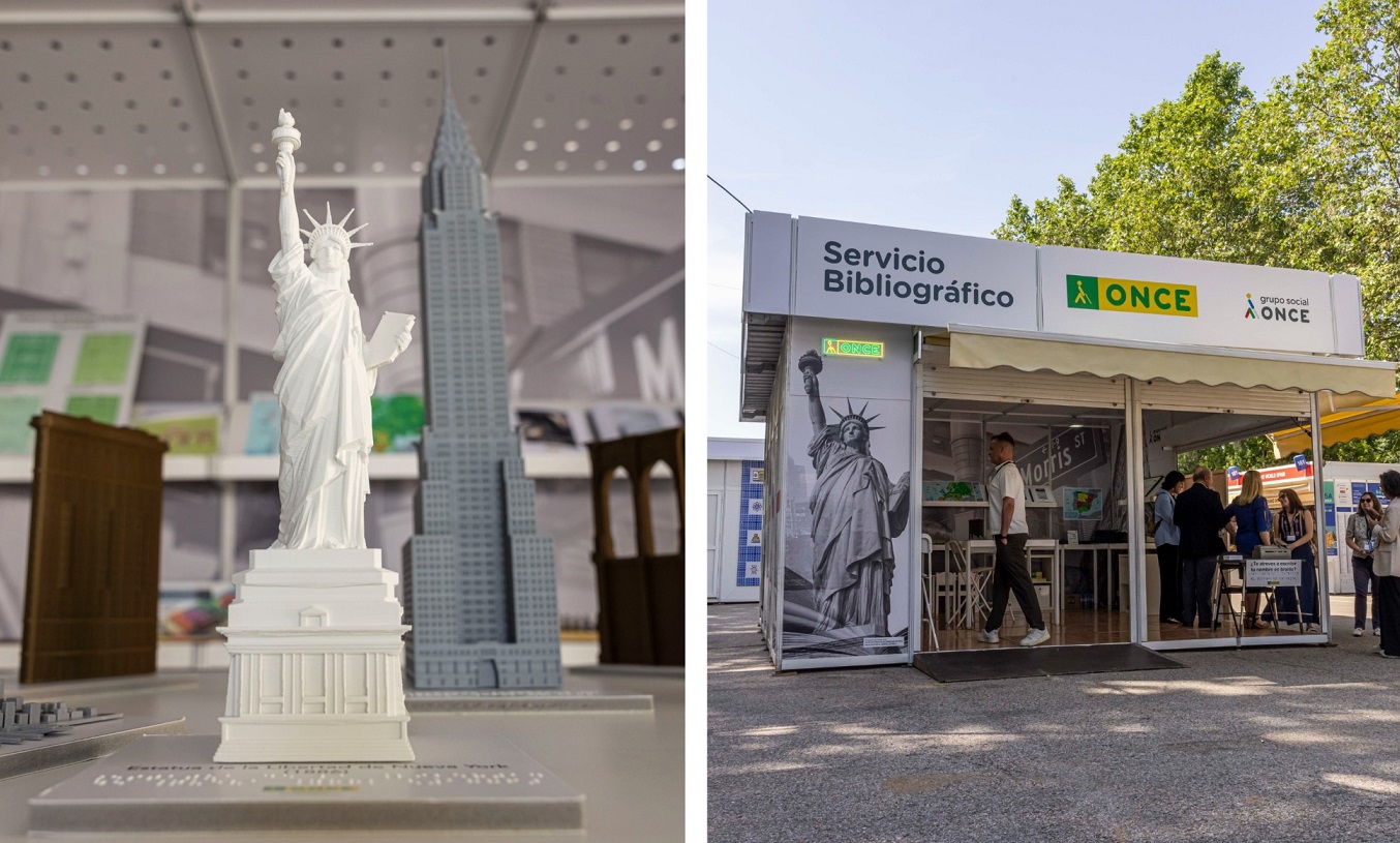 Primer plano de la maqueta de la Estatua de la Libertad y a la derecha vista general del estand Primer plano de la maqueta de la Estatua de la Libertad y a la derecha vista general del estand