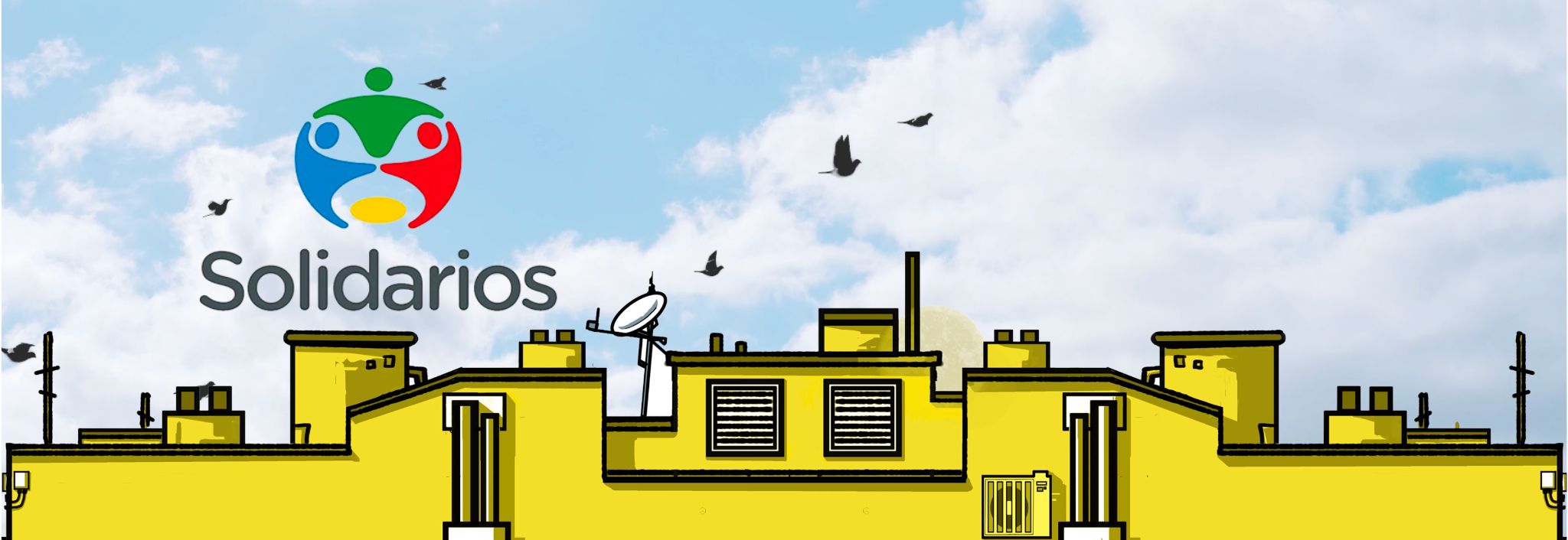 Dibujo de la azotea de un edificio amarillo con pájaros en el cielo y logo de Solidarios