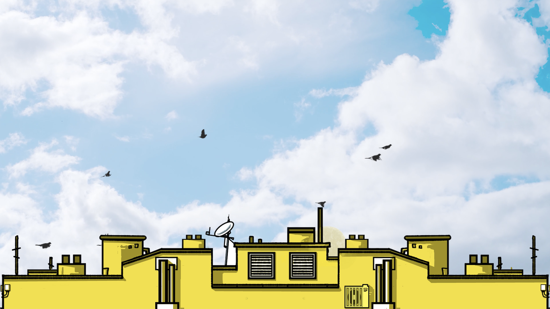 Dibujo de una azotea de un edificio amarillo y cielo con pájaros