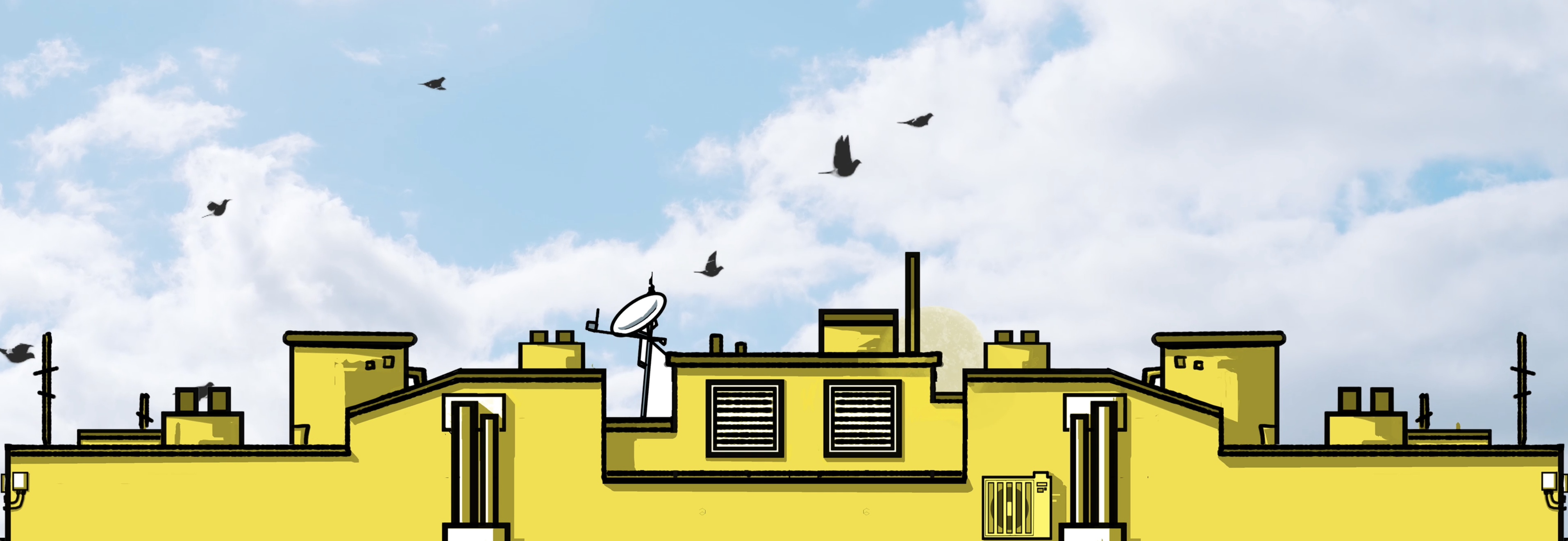Dibujo de la azotea de un edificio amarillo con pájaros en el cielo