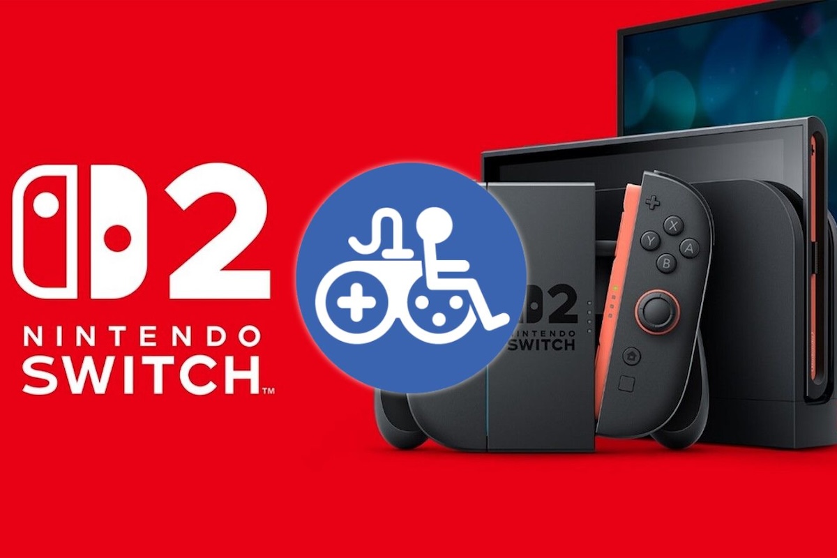 Foto sobre fondo rojo de Nintendo Switch 2 y logo de la accesibilidad en el gaming