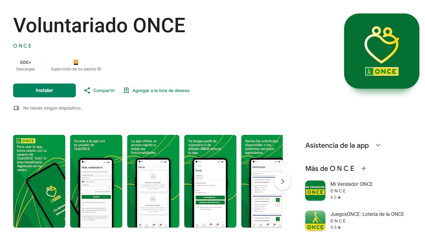 Captura de pantalla de la app de voluntariado de la ONCE