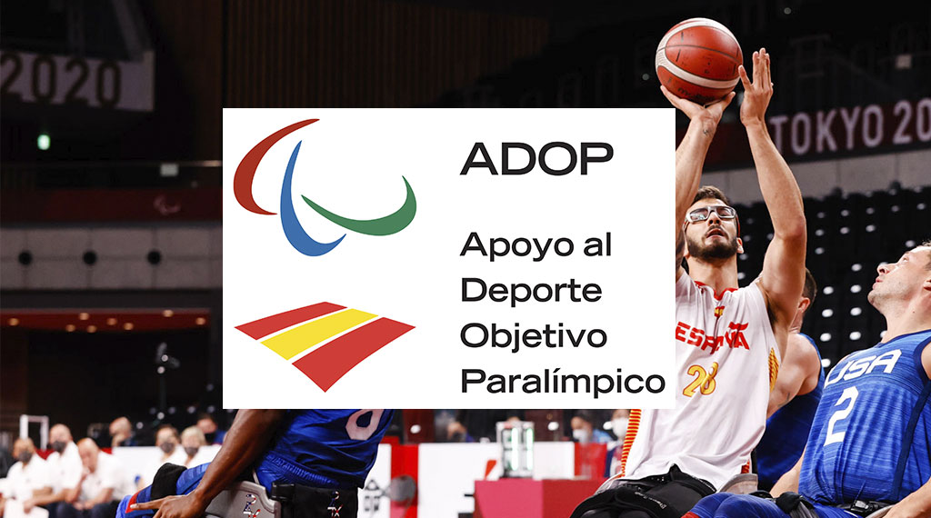 Logo del Plan ADOP sobre fondo de baloncesto en silla de ruedas