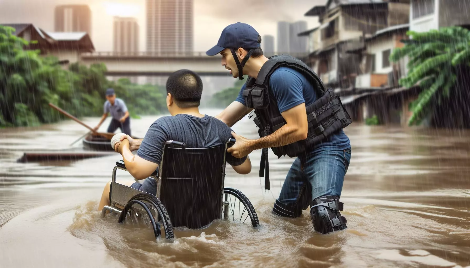 Persona en silla de ruedas atendido por un profesional de emergencias en plena inundación