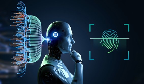 Una IA utilizando biometría de voz, con toques futuristas Una IA utilizando biometría de voz, con toques futuristas