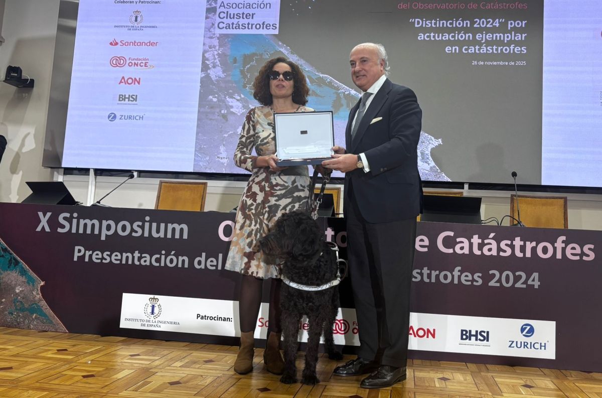 Lourdes González recibe el premio de manos de Pedro Tomey Foto de Asociación Cluster de Catástrofes