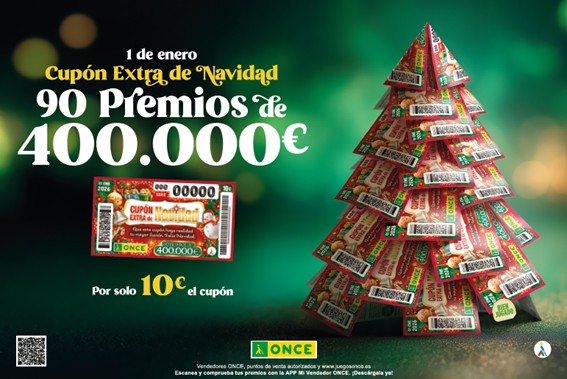 Cartel de la campaña del Cupón Extra de Navidad de la ONCE 2025, en la que se observa un árbol de navidad realizado con los cupones del sorteo extraordinario 