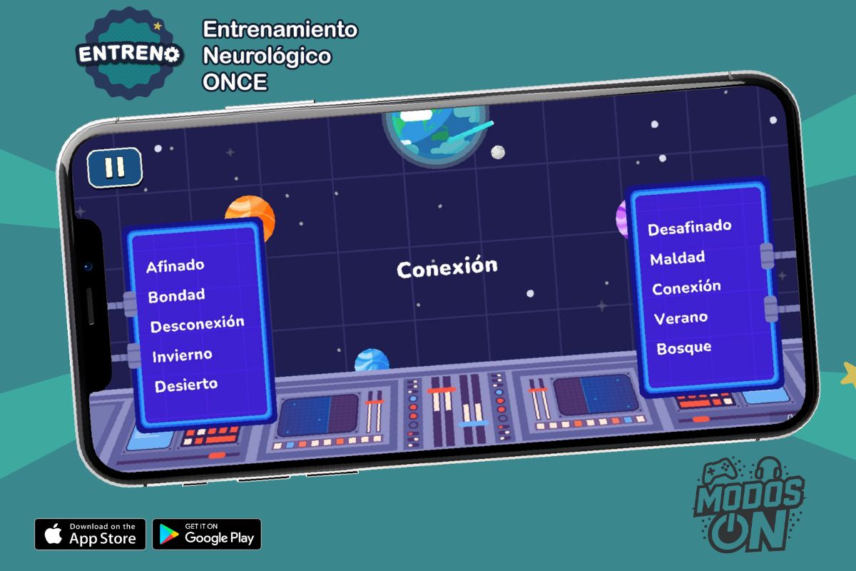 Una imagen de un móvil con la app instalada y un juego de unir términos.