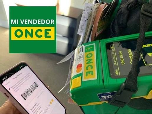Imagen con la gráfica de la app Mi vendedor ONCE en la que aparece un TPV y la pantalla de un teléfono móvil