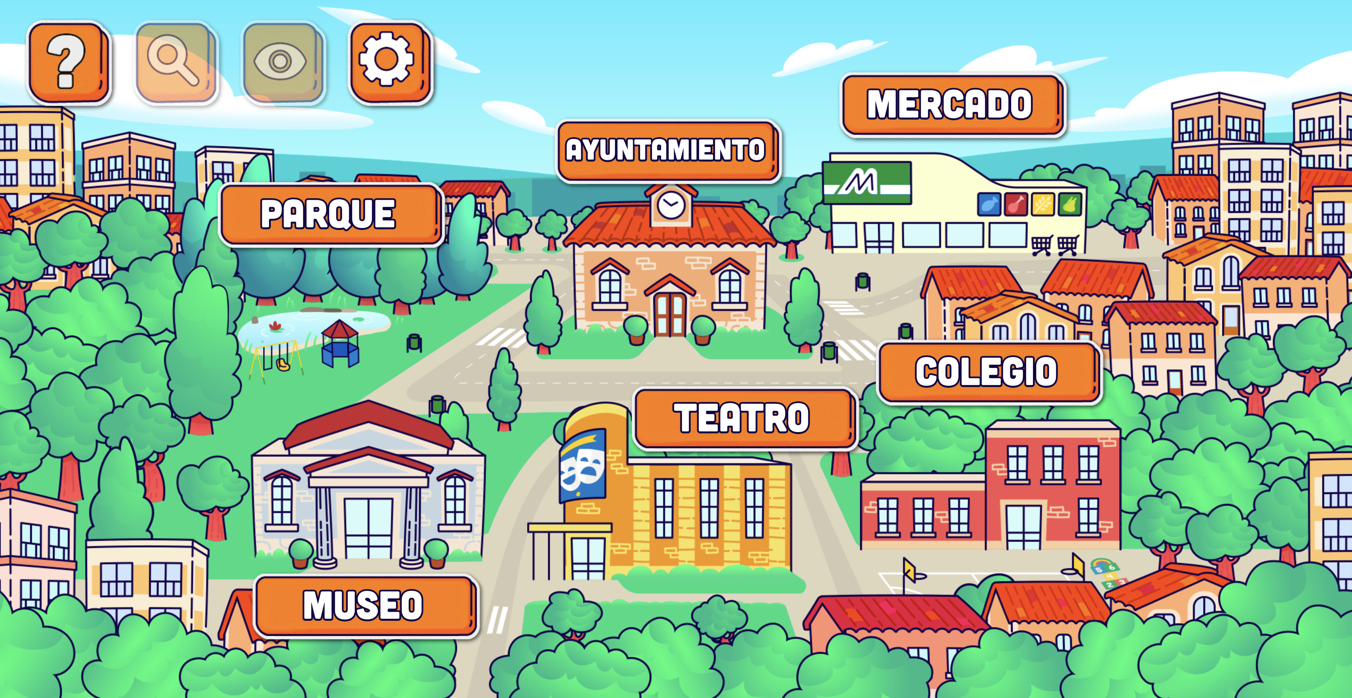 Captura de pantalla de ONCITY, el videojuego del 39 Concurso Escolar ONCE, donde se ve una ciudad muy colorida con distintas zonas con botones naranjas asignados a cada zona.