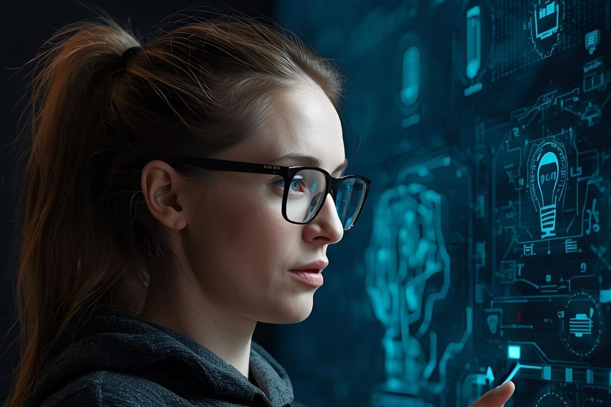 Una chica con gafas, de perfil, mirando y tocando una pantalla con diferentes iconos azulados relativos a energía y tecnología Una chica con gafas, de perfil, mirando y tocando una pantalla con diferentes iconos azulados relativos a energía y tecnología