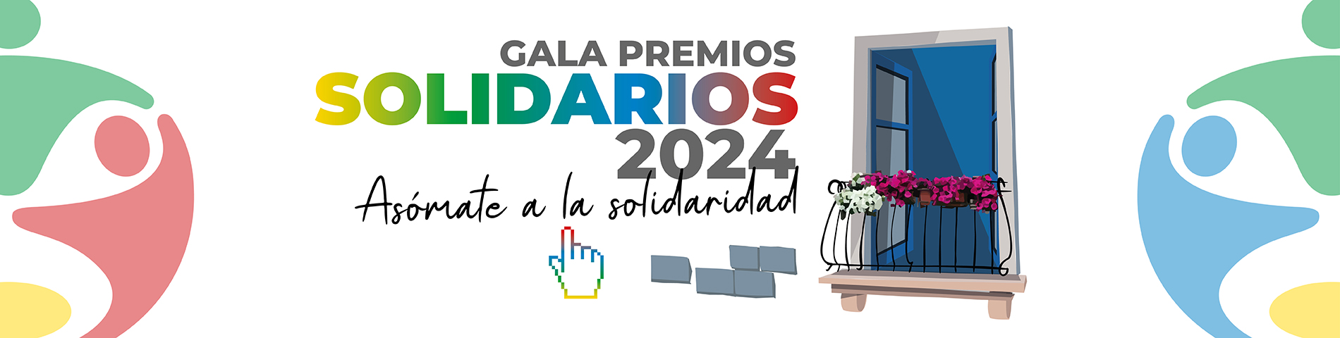 Banner con la frase 'Gala Premios Solidarios 2024. Asómate a la solidaridad'. Tiene un cursor debajo para hacer click, a la derecha el balcón de una casa con flores y en los laterales el logo de los Premios Solidarios del Grupo Social ONCE. (Abre una nueva ventana)