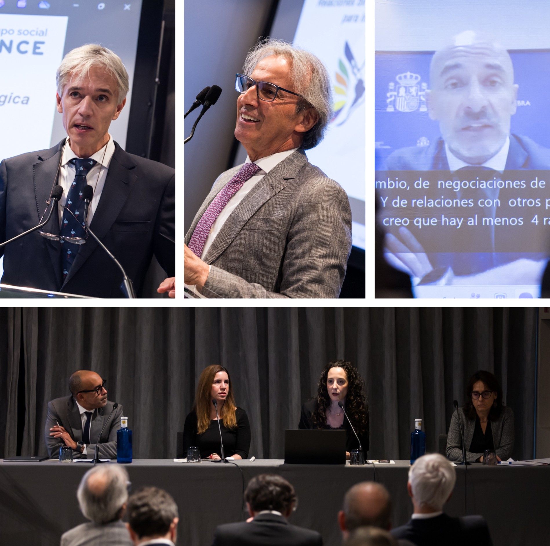 Arriba, Santiago Velo, Eduardo Ávila y Jesús Celada, durante sus intervenciones. Abajo, mesa redonda del encuentro