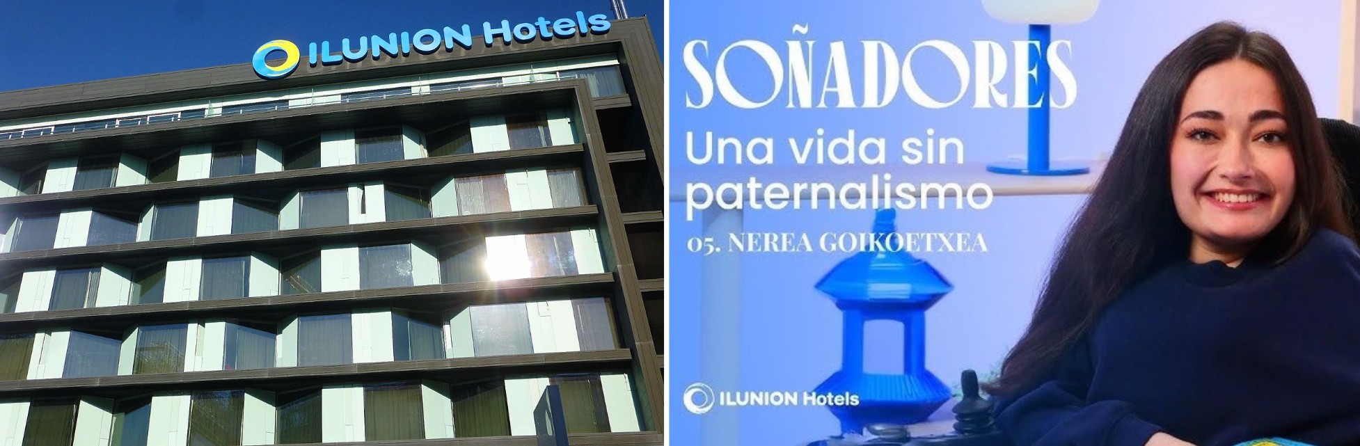 Fachada Hotel ILUNION Atrium y su cartel de su campaña Soñadores