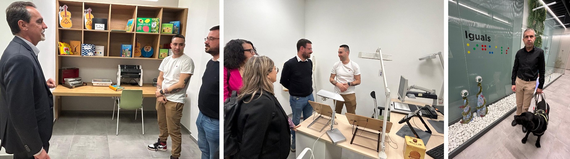 Collage de imágenes de la visita a la agencia tras la inauguración. En la primera foto se observa Enriric Botí junto al alcalde en una sala de lectura y multiusos. La segunda imagen aparece el alcalde en otro de las dependencias junto a un técnico de la ONCE y al última de ellas se observa al director de la agencia Fran Rodríguez junto a su perro guía 