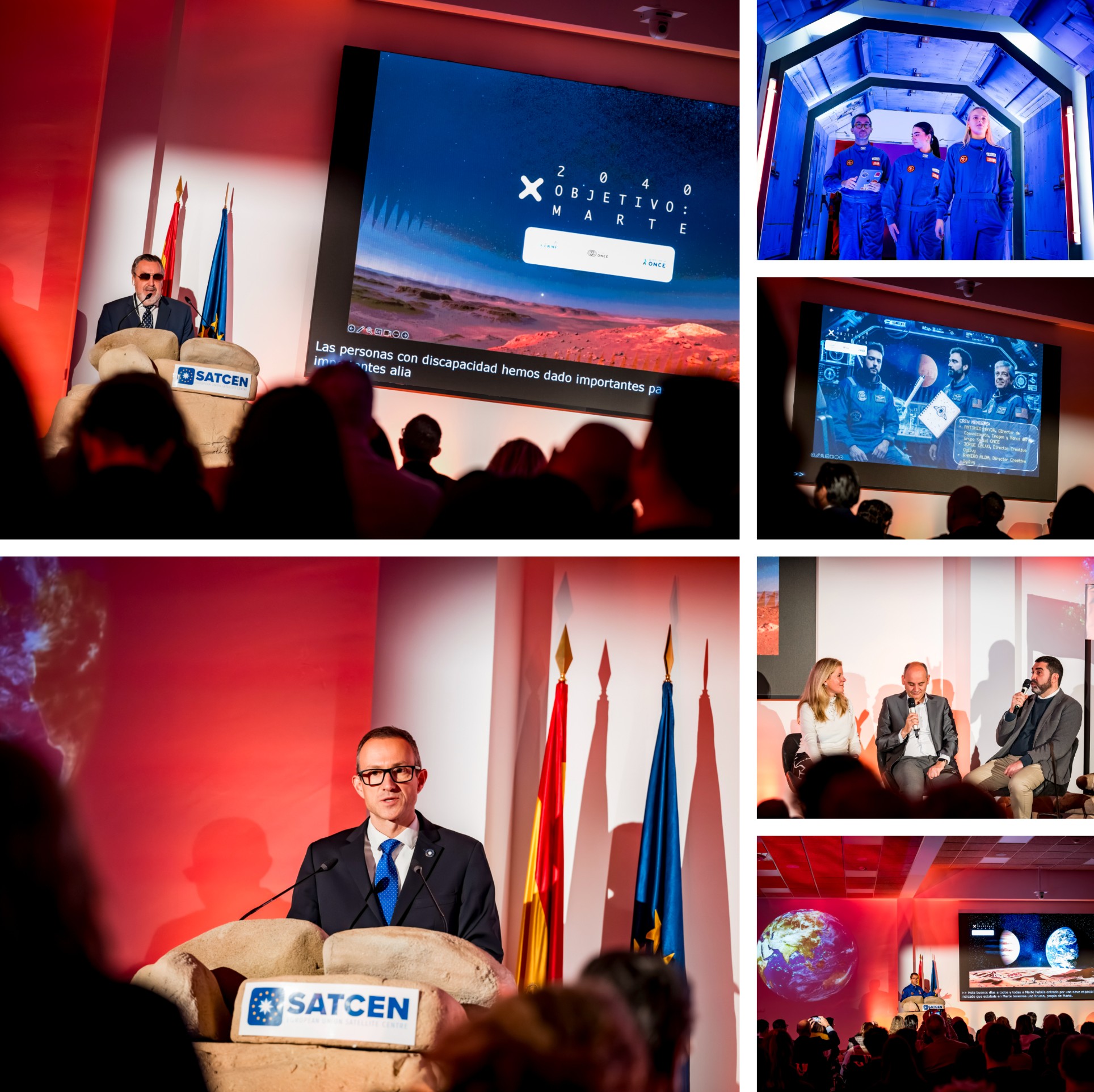 Arriba, Miguel Carballeda, y abajo Louis Tillier, durante sus intervenciones. A la derecha, de arriba a abajo, presentador y personal de apoyo del acto de presentación, debajo  Antonio Mayor junto a los creativos de Ogilvy, debajo Rubén y Enrique junto a la moderadora de la Mesa Graziella Almendral, y debajo Jesús Briones, presentador del evento.