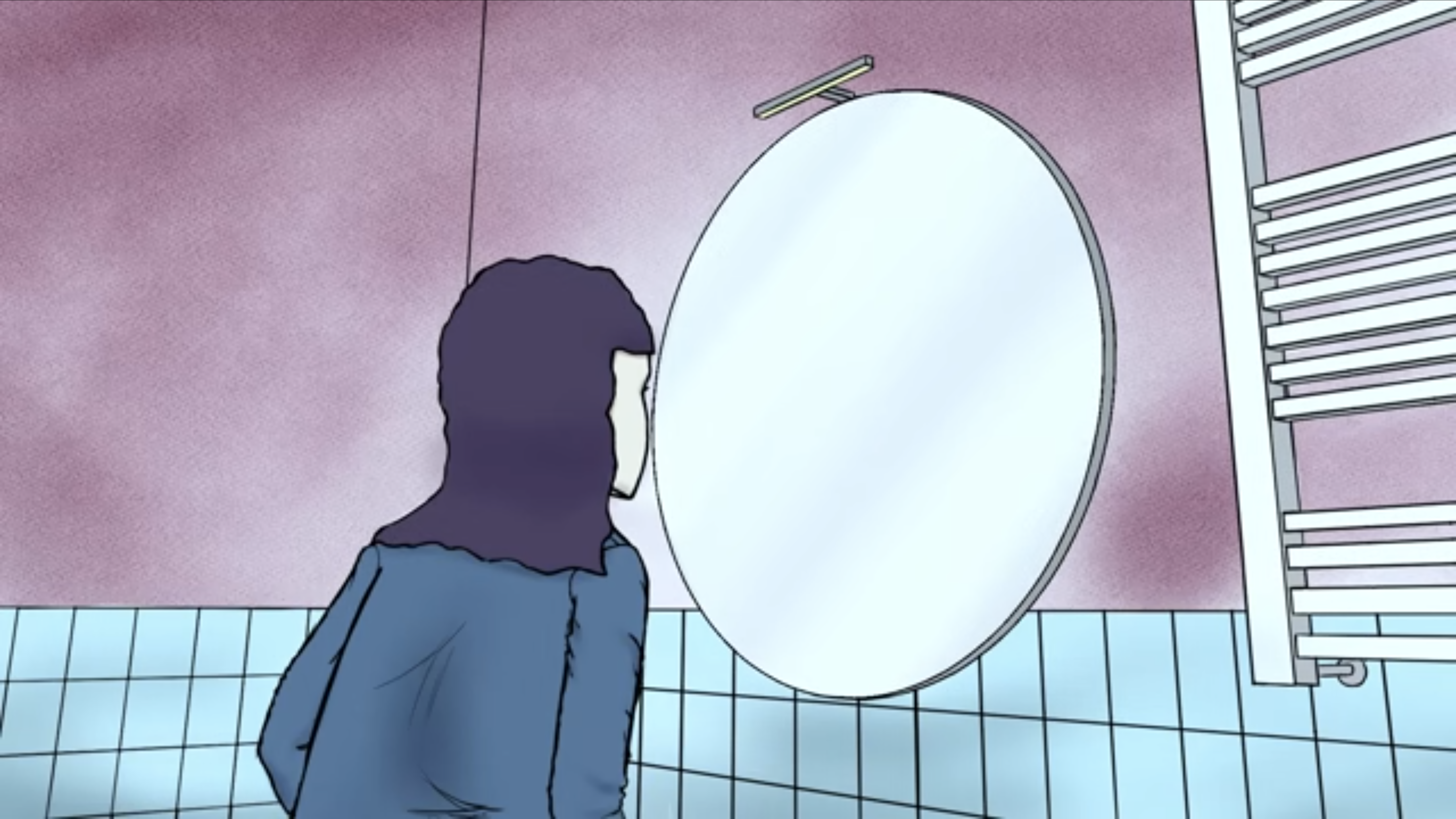 Captura de pantalla de AmaTisMo con un dibujo a lapiz de una chica mirándose en un espejo circular.