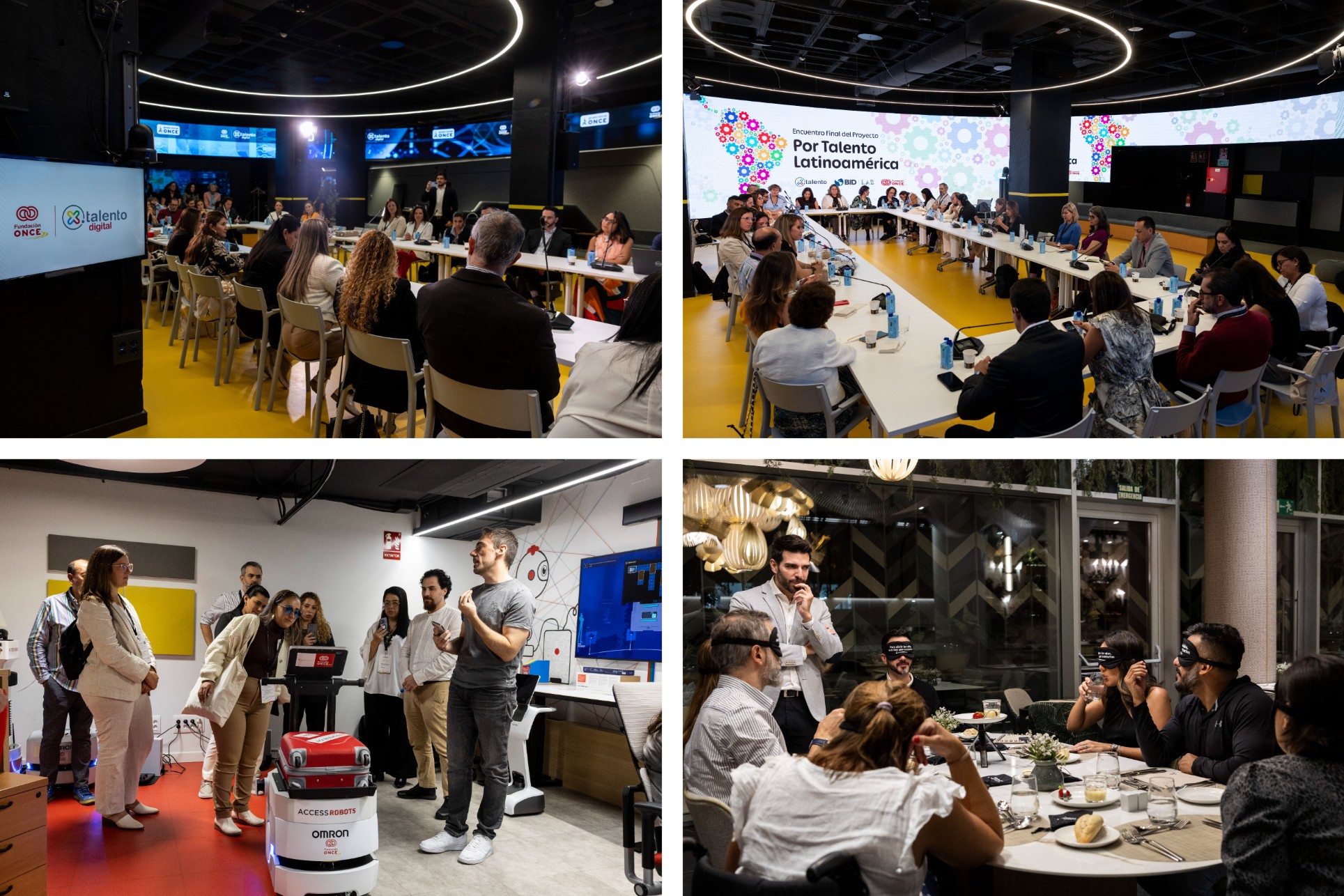 Diversos momentos de las reuniones de Por Talento Latinoamérica en la sede de Por Talento de Madrid y en la sala EspacIA de Fundación ONCE