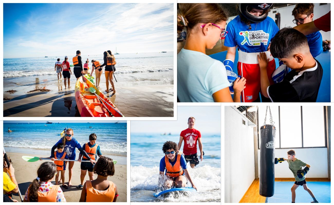Diversas imágenes de los niños y jóvenes realizando pádel surf y boxeo adaptado en el campus deportivo de la ONCE en Alicante