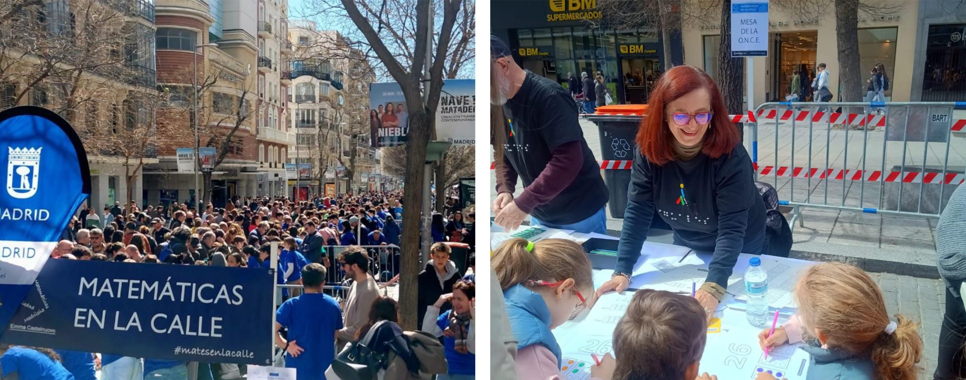 A la derecha, una de las profesoras en el stand atendiendo a niños y niñas visitantes. A la izquierda vista panorámica de la feria