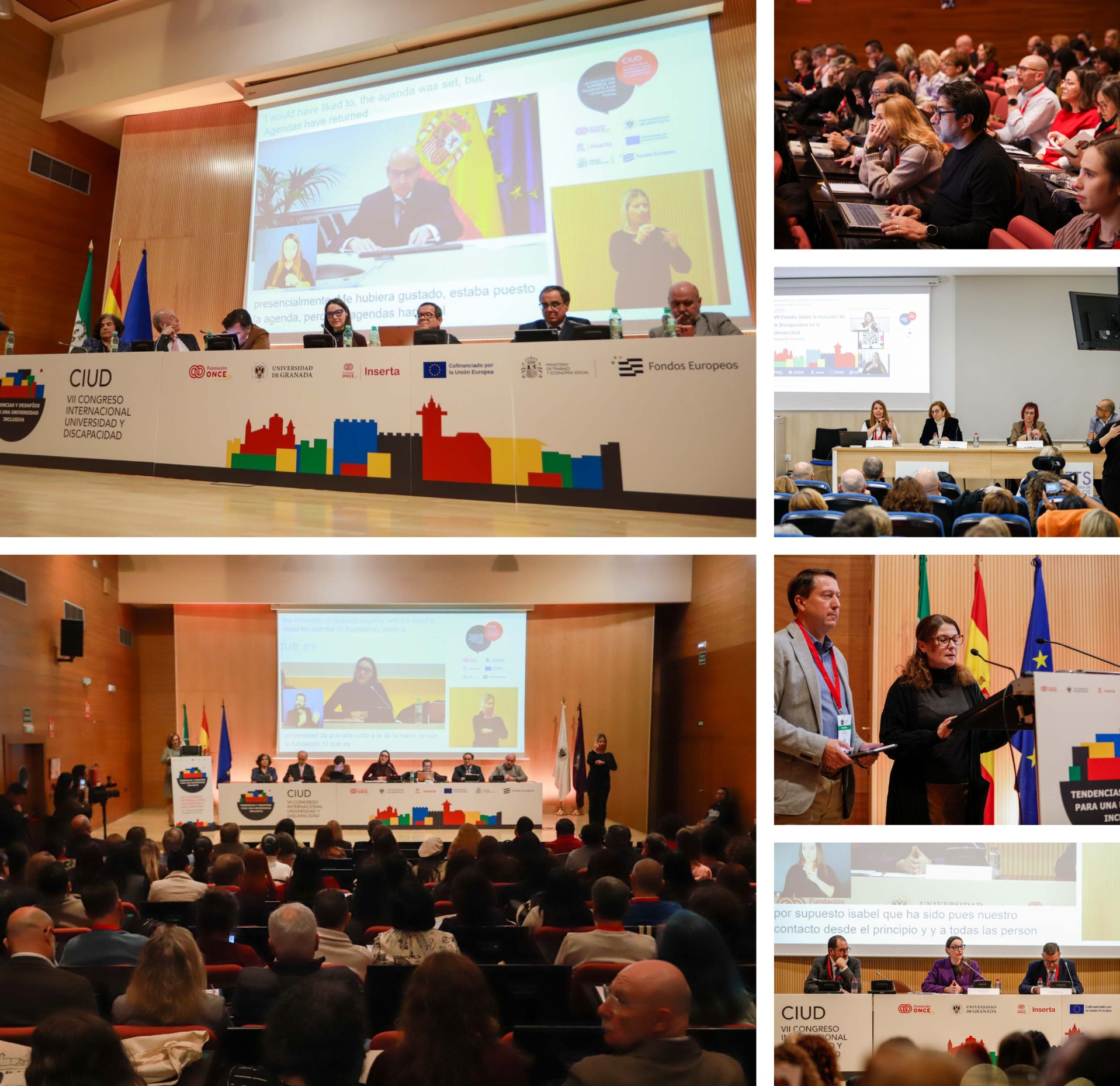 Collage de imágenes de diversos momentos e intervenciones del Congreso Universidad y Discapacidad
