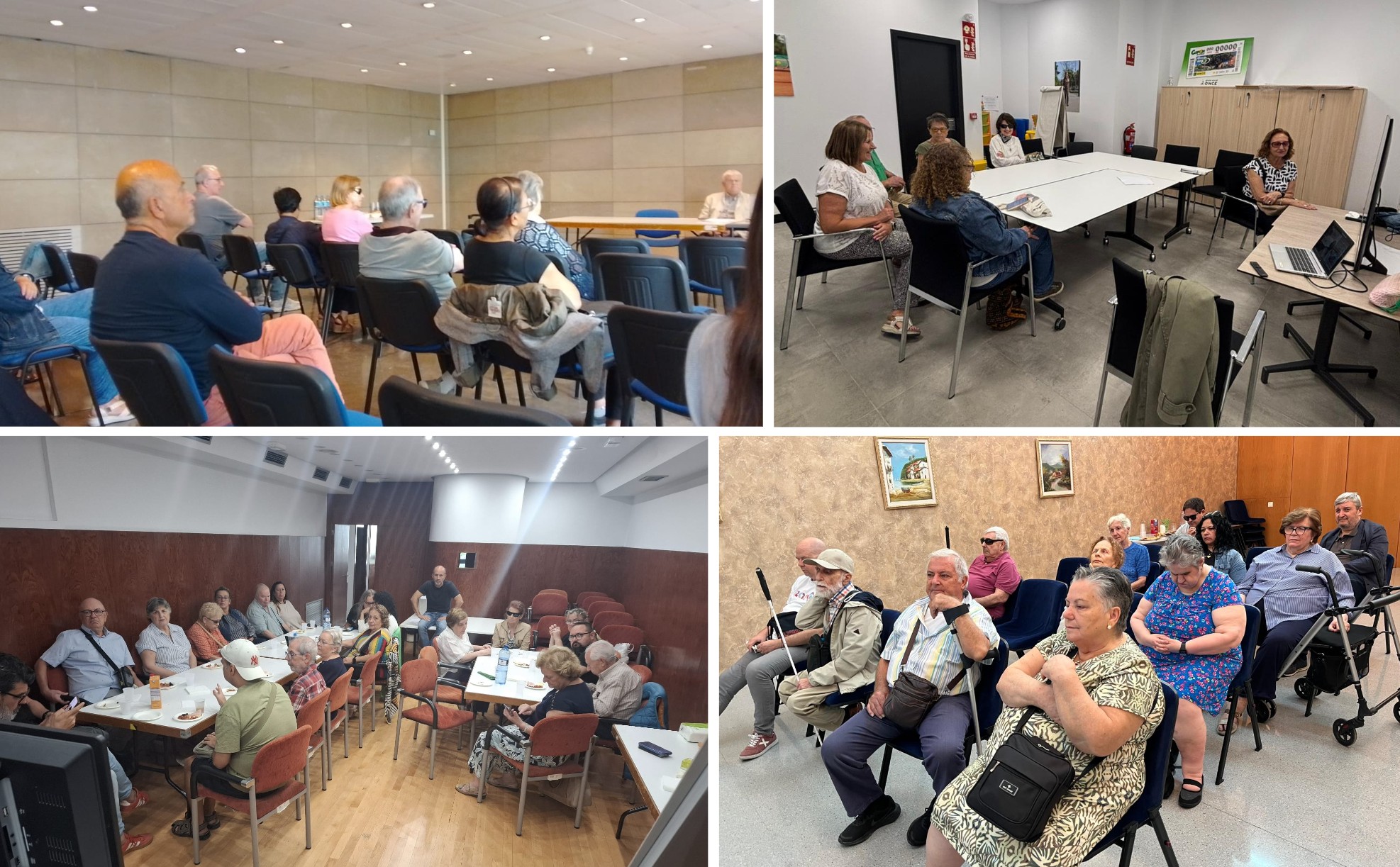 Collage de imágenes de grupos de mayores afiliados a la ONCE de diversos centros de toda España durante el webinar