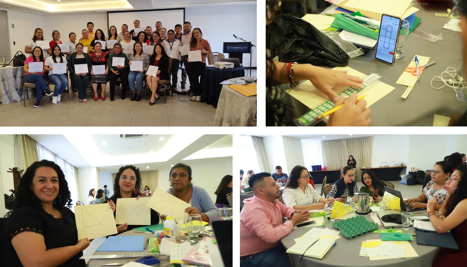 Collage de imágenes del curso sobre braille. Arriba, a la izquierda, el grupo al completo muestra sus trabajos en braille. El resto de las imágenes se observa a los participantes realizando sus trabajos.