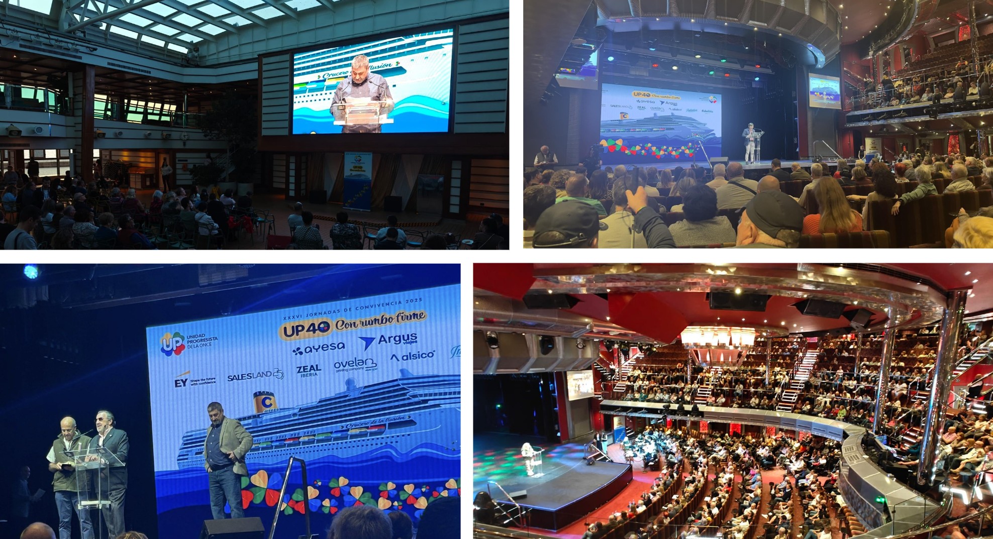 Collage de imágenes de la asamblea informativa celebrada en el auditorio del crucero