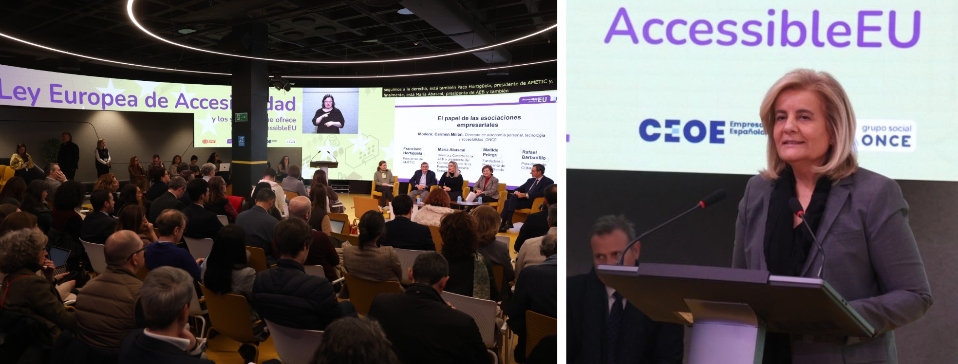 A la izda. foto de ambiente de la jornada. A la derecha, momento de la intervención en la clausura de Fátima Báñez
