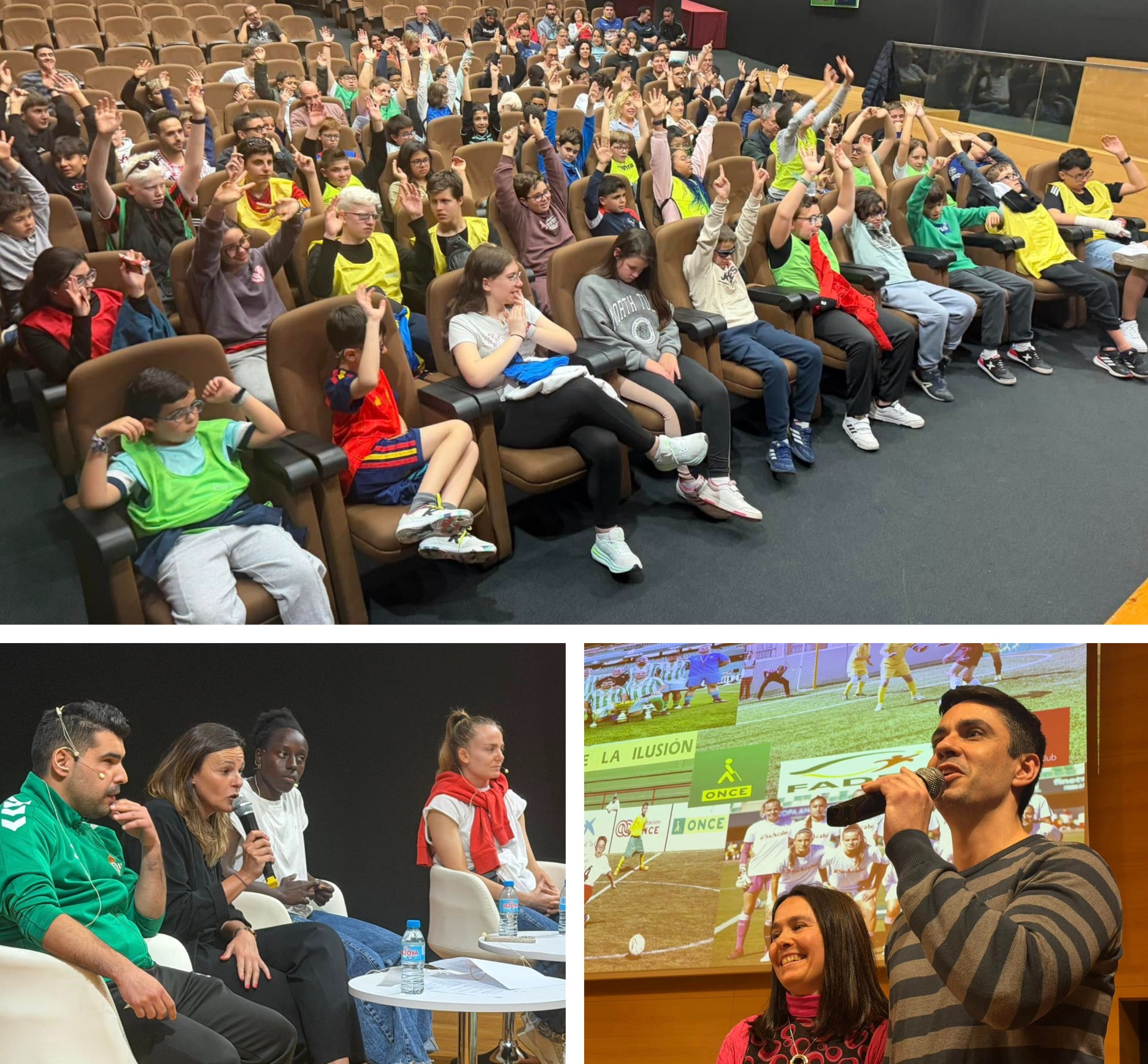 Acto de inaguración del encuentro, con Román Martínez y Eva Pérez abajo, y las jugadoras del Sevilla FC, abajo. Arriba, salón de actos del CRE con todos los y las participantes