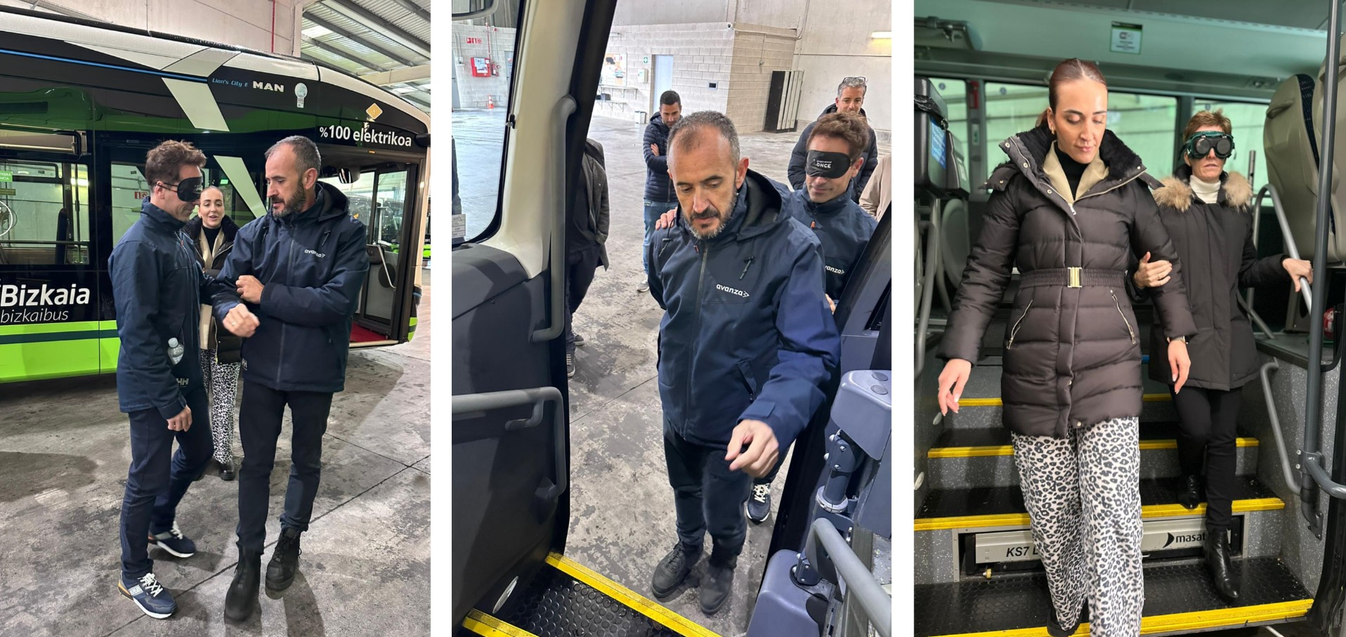 Diversas imágenes de las prácticas guiadas por los técnicos de la ONCE a los trabajadores y trabajadoras de la compañía de transporte público Avanza Durangaldea. La tercera de las imágenes, recoge el momento de la práctica realizada por la diputada foral de Transportes, Movilidad y Turismo de Bizkaia, Sonia Pérez
