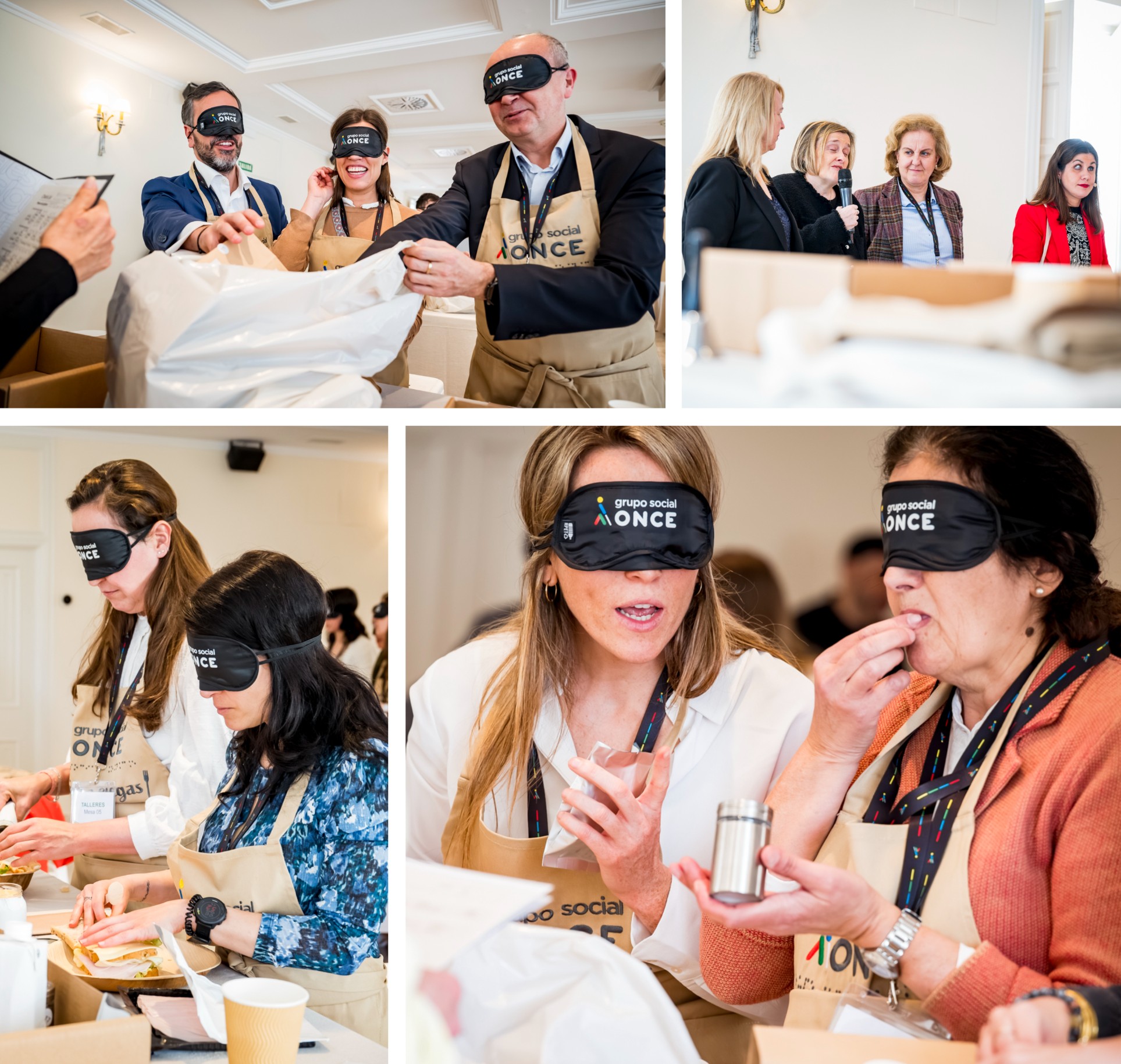 Diversos momentos del taller de cocina a ciegas en donde los participantes elaboraron varias recetas con antifaz. Arriba, a la derecha, Carmen Bayarri, Imelda Fernández, Belén García y Marina Rojas