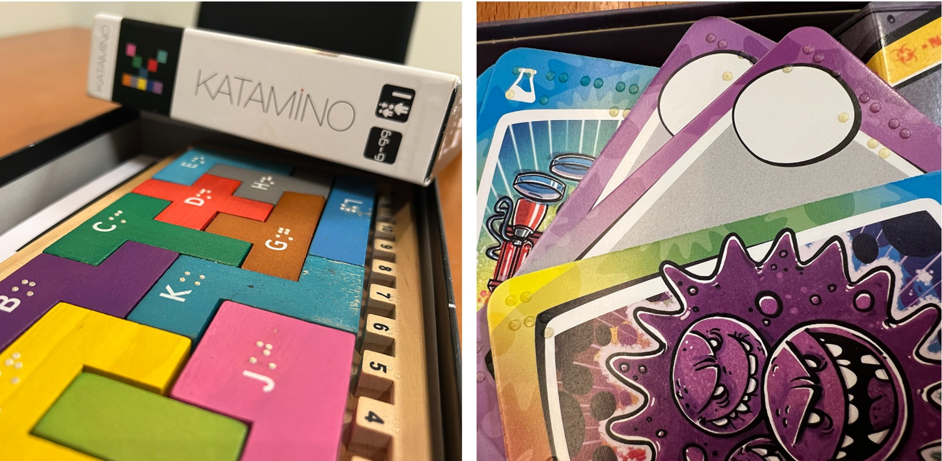 Juego Katamino adaptado, a la izquierda, y Virus 2, a la derecha