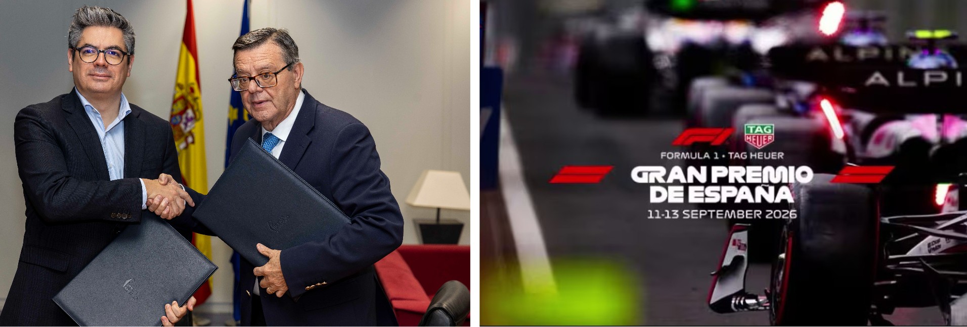 Daniel Martínez Rodríguez y José Luis Martínez Donoso, a la izda, en la firma del acuerdo. Diapositiva del cartel del Gran Premio, a la derecha.