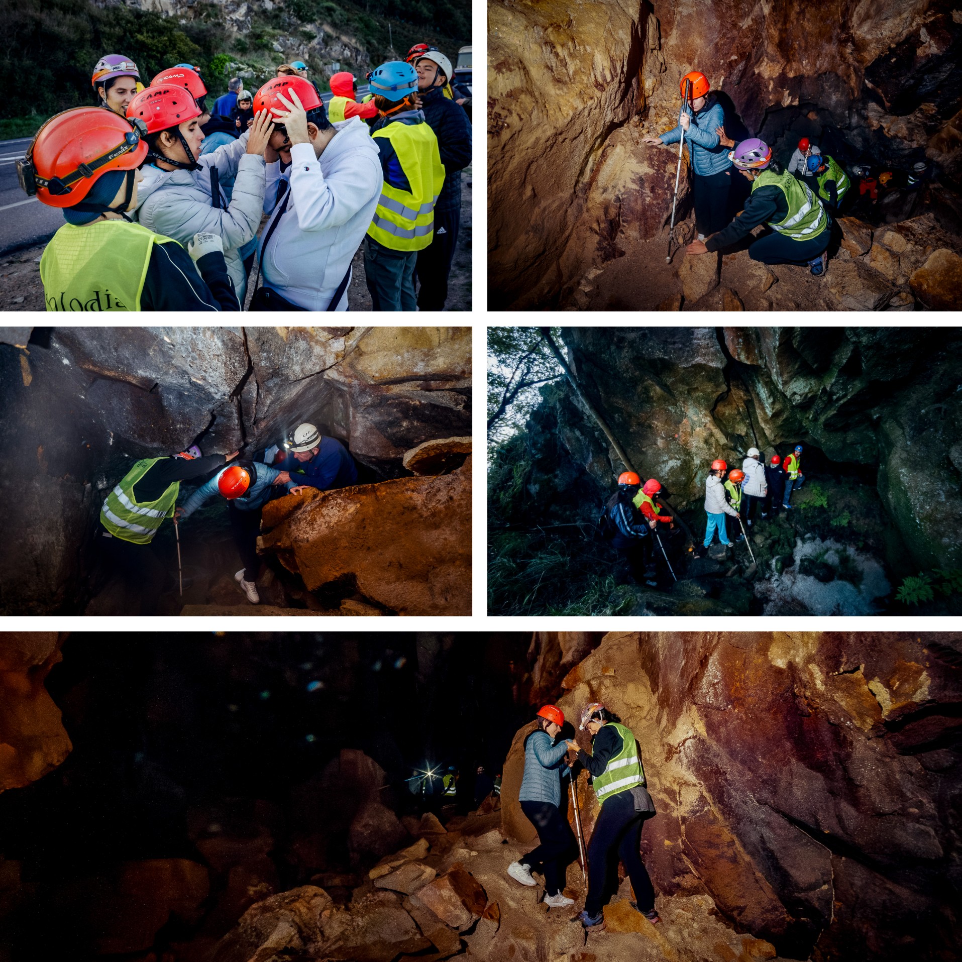 Collage de imágenes de diversos momentos de la expedición accediendo a la Furna do Lago de Baiona