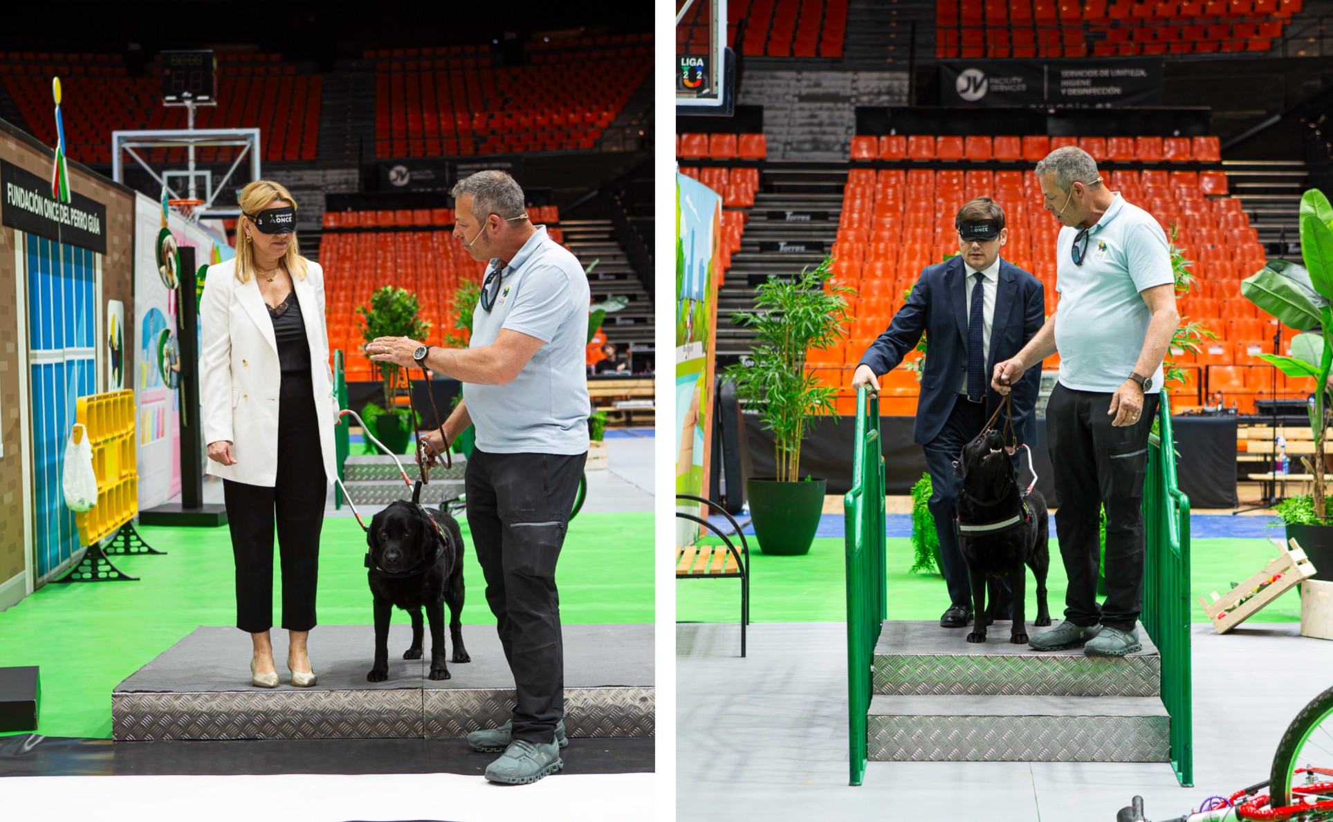 Silvia González e Ignacio Grande con antifaz realizando un circuito con perro guía