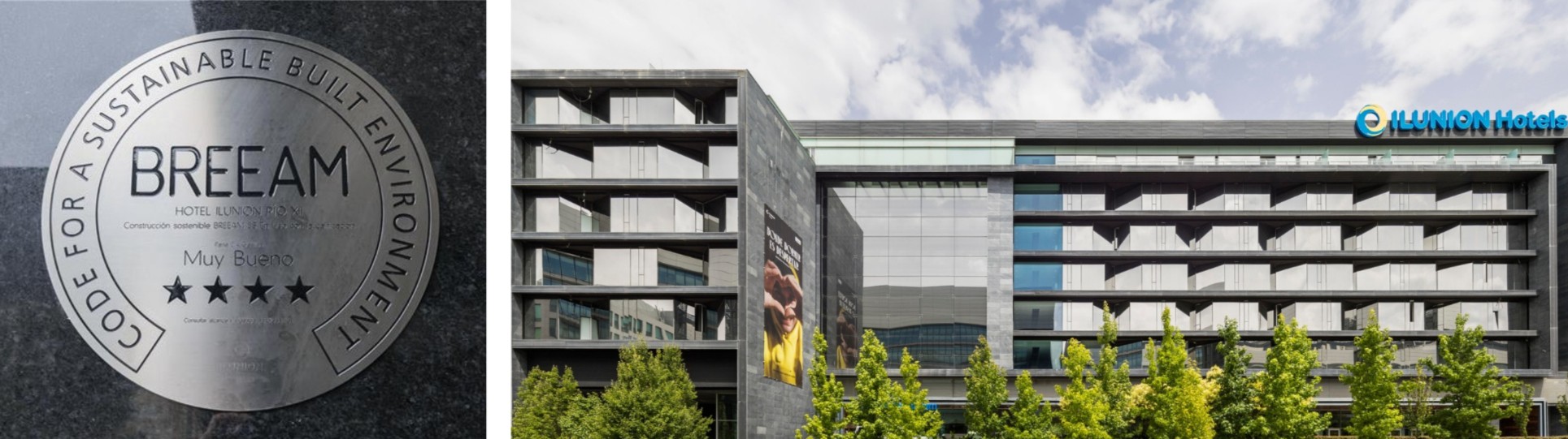 Sello BREEAM junto a la imagen del ILUNION Atrium de Madrid