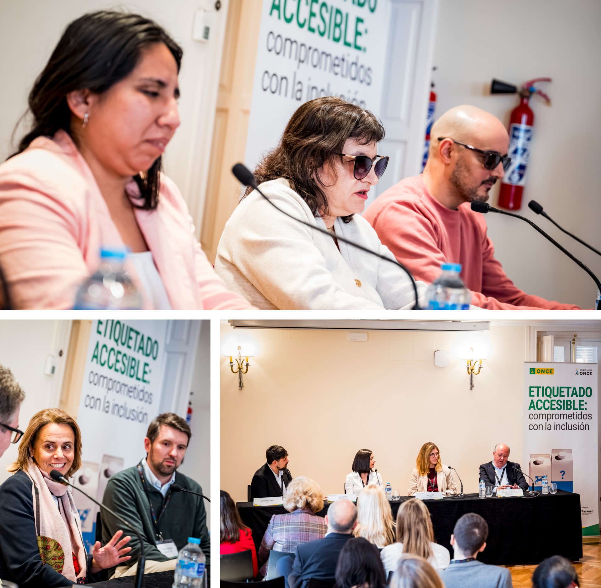 Arriba, la mesa de los usuarios braille. Abajo, a la izquierda, la mesa de empresas que ya etiquetan en braille (Auchan y Mantequerías Burgo de Arias), y a la derecha la mesa de empresas de etiquetado